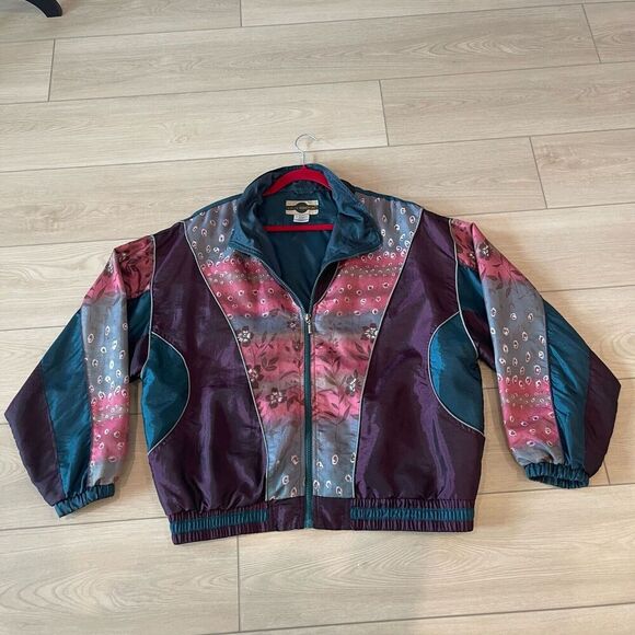 VTG 90's Windbreaker Bomber Jacket Womans L Colorblock Geometric Zip Hip Hop - Picture 1 of 7